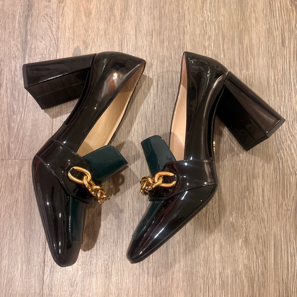 Prada Women's Black Patent Leather Chain Loafer Heels with dust bag - Picture 3 of 5